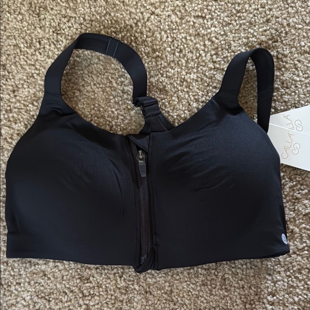 Calia Black Go All Out Sports Bra with Front Zipper and Adjustable Straps
